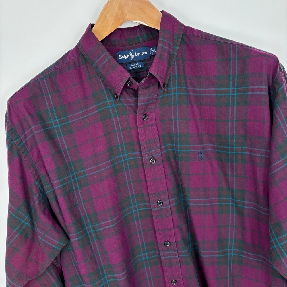 VTG Polo Ralph Lauren Blake Plaid Button Down Shirt Mens XL Purple Green Preppy